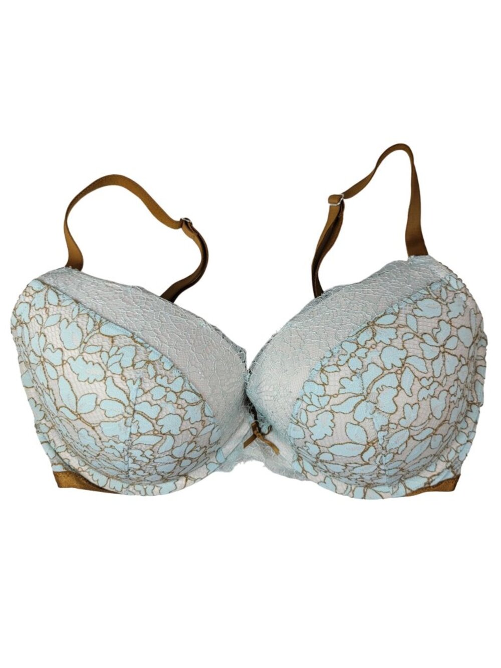 Victoria's Secret Push Up Bra Blue Gold 36DD Underwire Plunge Lace Dream Angels